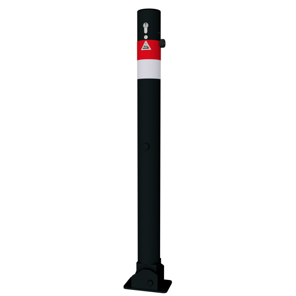 Barrier post | Black - Line |  76 mm | foldable, self-engaging lockto be fixed by plugs, with base plate 100 x 150 mm | with Euro profile cylinder lock and three keys